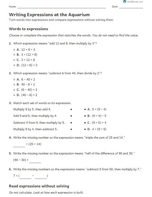 Writing Expressions at the Aquarium worksheet preview
