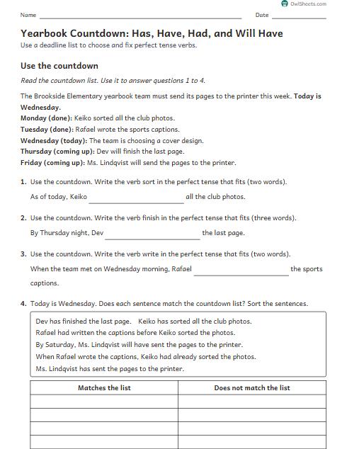 Yearbook Countdown: Has, Have, Had, and Will Have worksheet preview