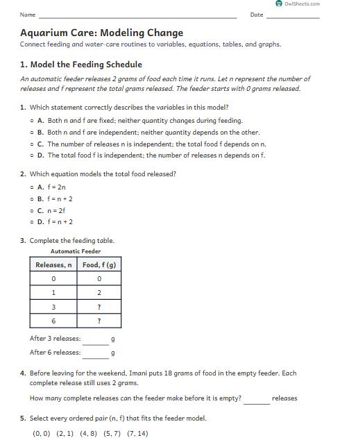 Aquarium Care: Modeling Change worksheet preview