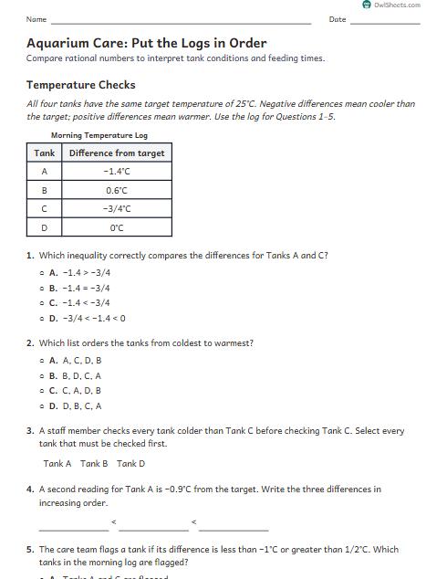 Aquarium Care: Put the Logs in Order worksheet preview