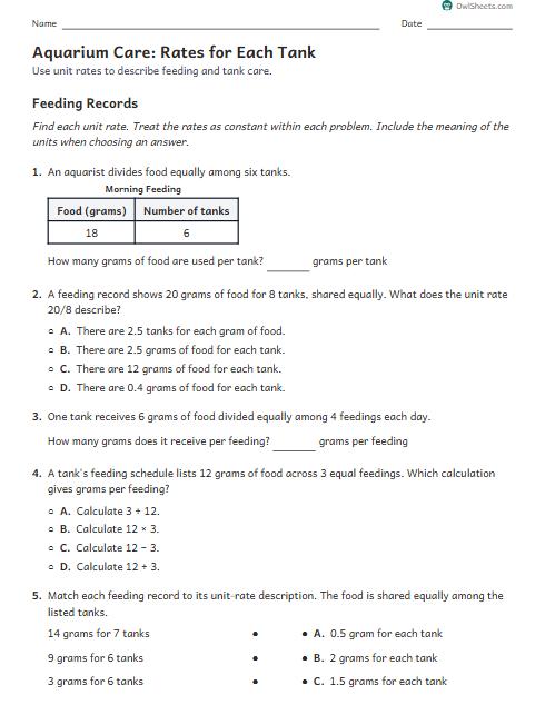 Aquarium Care: Rates for Each Tank worksheet preview