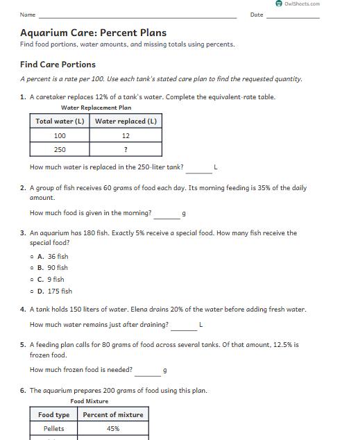 Aquarium Care: Percent Plans worksheet preview