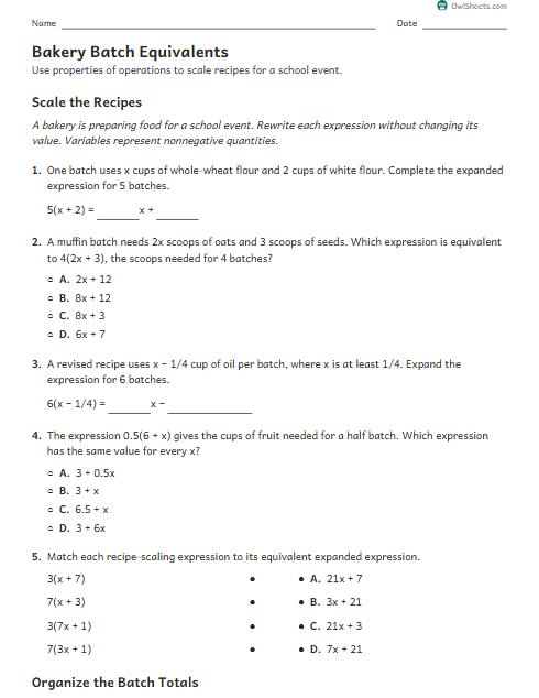 Bakery Batch Equivalents worksheet preview