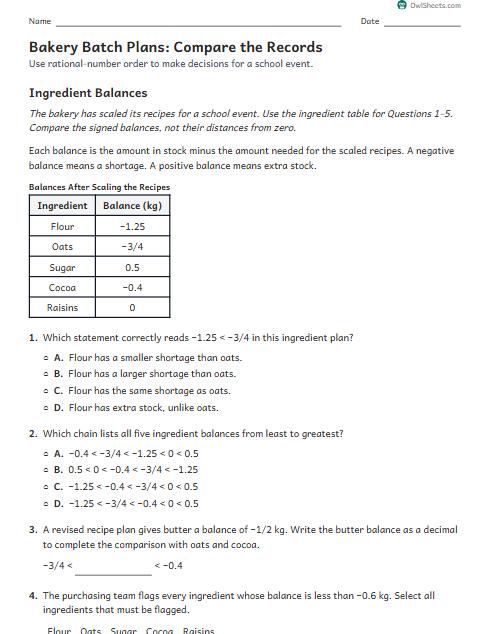 Bakery Batch Plans: Compare the Records worksheet preview