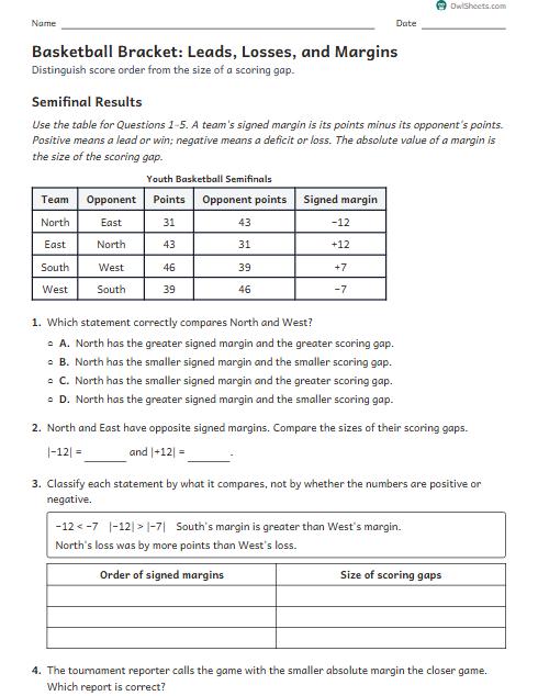 Basketball Bracket: Leads, Losses, and Margins worksheet preview