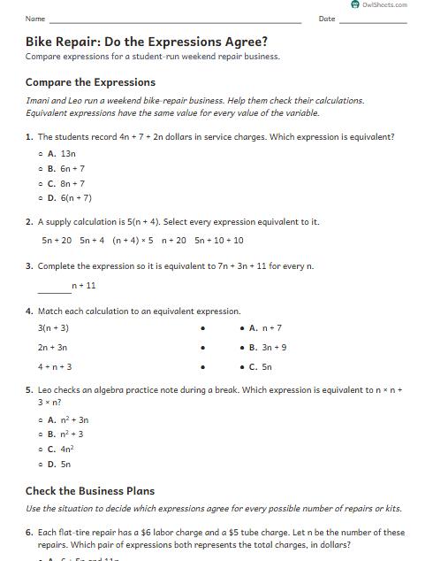 Bike Repair: Do the Expressions Agree? worksheet preview