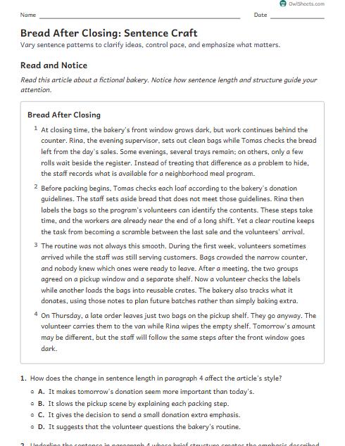 Bread After Closing: Sentence Craft worksheet preview