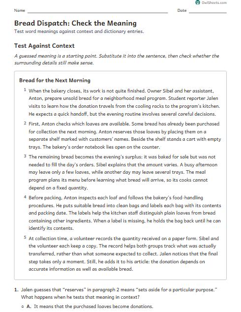 Bread Dispatch: Check the Meaning worksheet preview