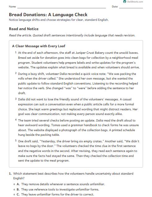 Bread Donations: A Language Check worksheet preview