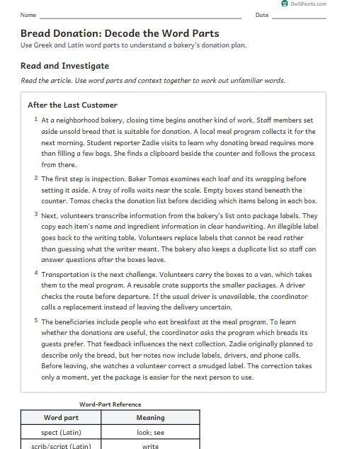 Bread Donation: Decode the Word Parts worksheet preview