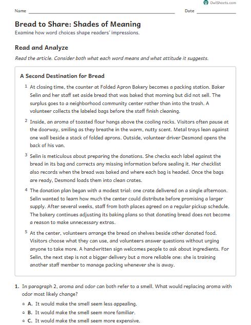 Bread to Share: Shades of Meaning worksheet preview