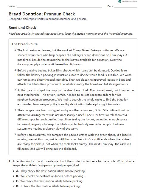 Bread Donation: Pronoun Check worksheet preview