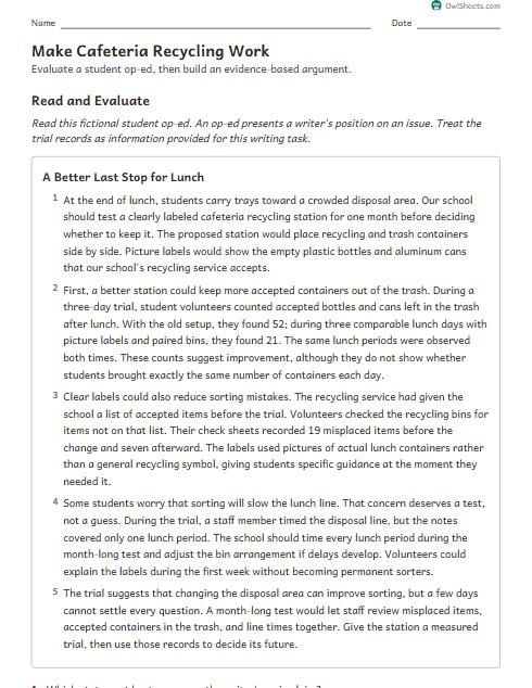 Make Cafeteria Recycling Work worksheet preview