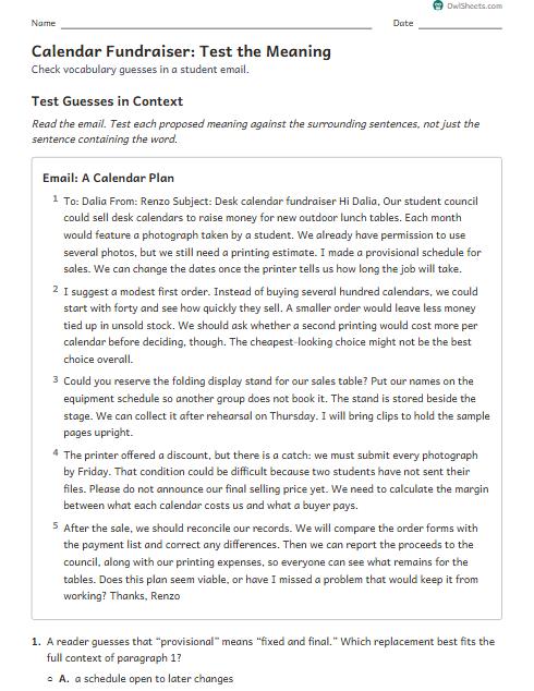 Calendar Fundraiser: Test the Meaning worksheet preview