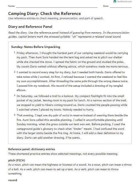 Camping Diary: Check the Reference worksheet preview