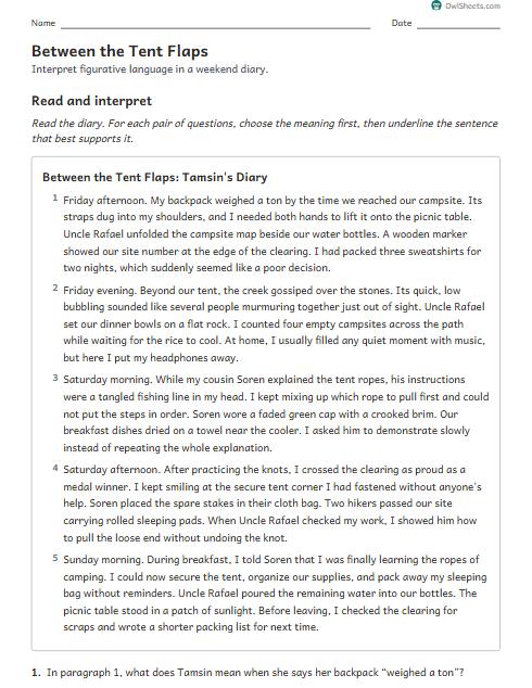 Between the Tent Flaps worksheet preview