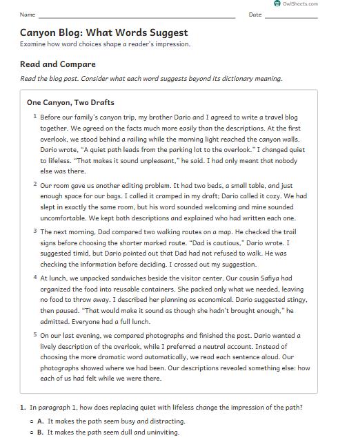 Canyon Blog: What Words Suggest worksheet preview