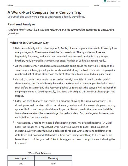 A Word-Part Compass for a Canyon Trip worksheet preview
