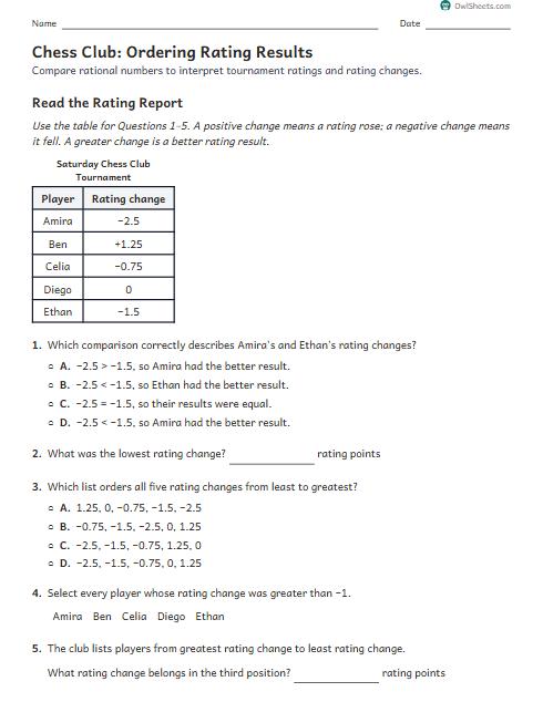 Chess Club: Ordering Rating Results worksheet preview