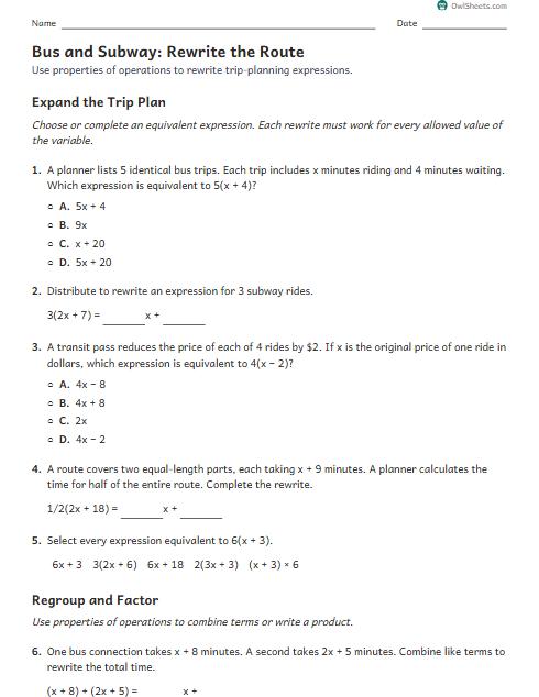 Bus and Subway: Rewrite the Route worksheet preview