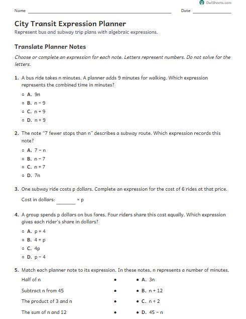 City Transit Expression Planner worksheet preview