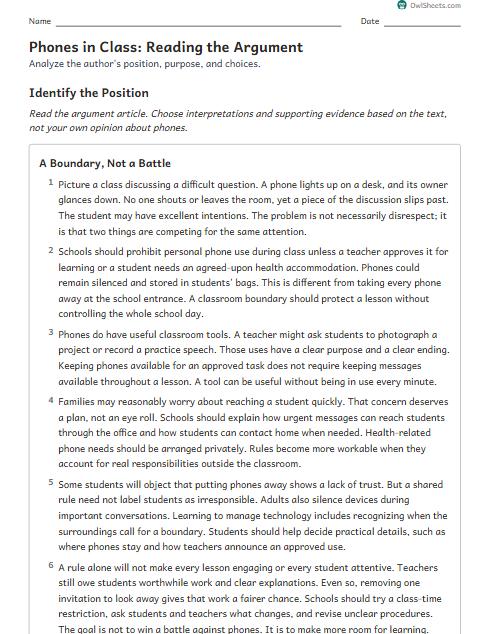 Phones in Class: Reading the Argument worksheet preview
