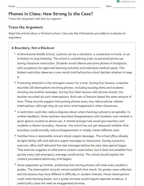 Phones in Class: How Strong Is the Case? worksheet preview