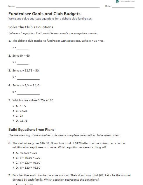 Fundraiser Goals and Club Budgets worksheet preview
