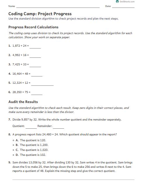 Coding Camp: Project Progress worksheet preview