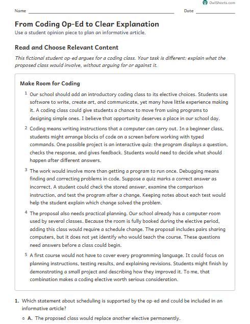 From Coding Op-Ed to Clear Explanation worksheet preview