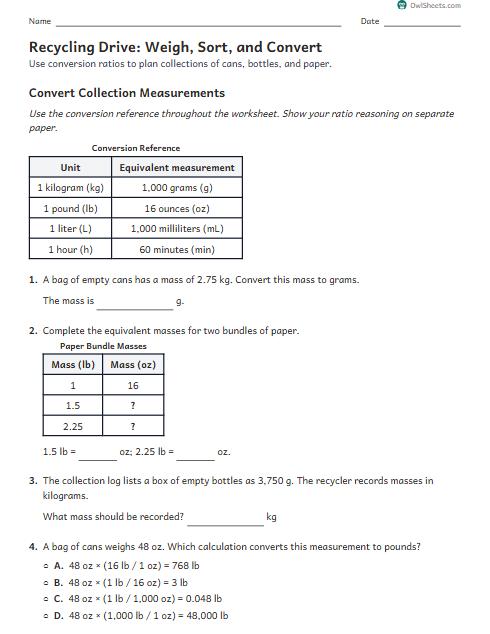 Recycling Drive: Weigh, Sort, and Convert worksheet preview