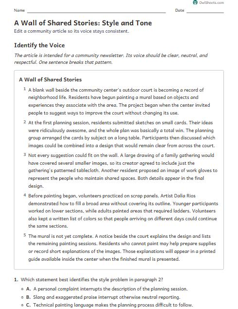 A Wall of Shared Stories: Style and Tone worksheet preview