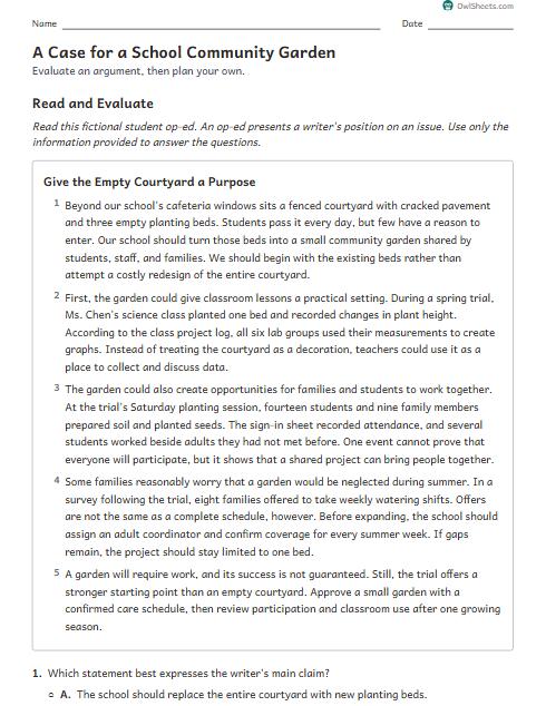 A Case for a School Community Garden worksheet preview