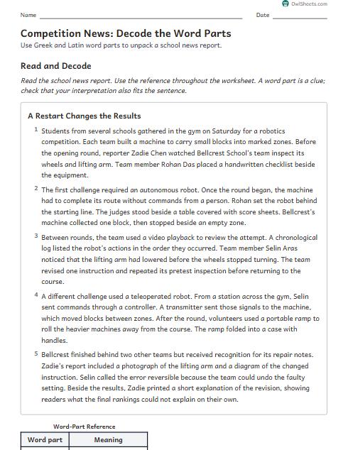 Competition News: Decode the Word Parts worksheet preview