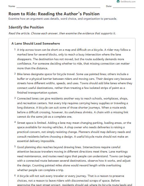 Room to Ride: Reading the Author’s Position worksheet preview