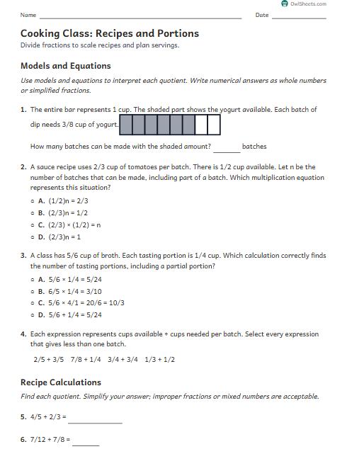 Cooking Class: Recipes and Portions worksheet preview