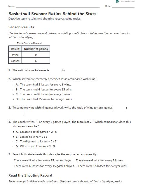 Basketball Season: Ratios Behind the Stats worksheet preview
