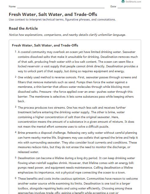 Fresh Water, Salt Water, and Trade-Offs worksheet preview