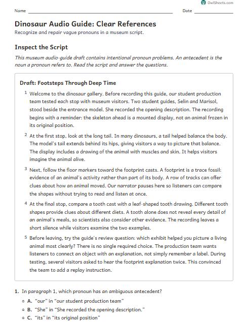 Dinosaur Audio Guide: Clear References worksheet preview
