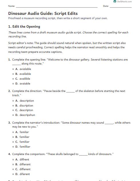 Dinosaur Audio Guide: Script Edits worksheet preview