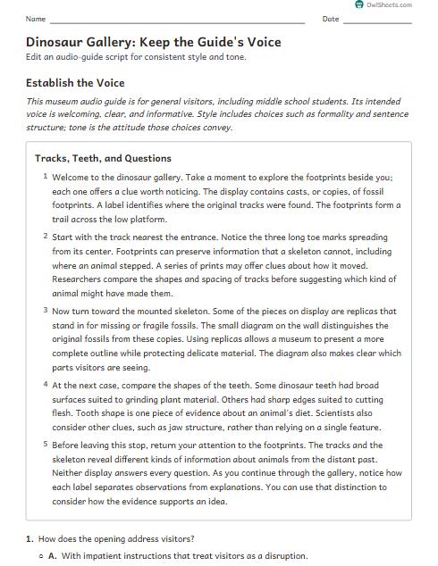 Dinosaur Gallery: Keep the Guide's Voice worksheet preview