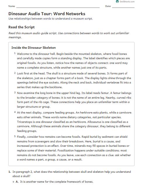 Dinosaur Audio Tour: Word Networks worksheet preview