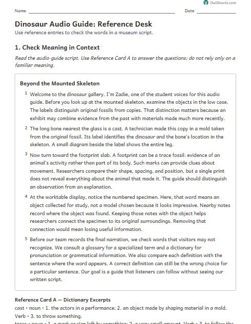 Dinosaur Audio Guide: Reference Desk worksheet preview