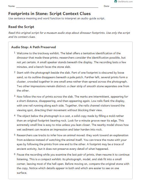 Footprints in Stone: Script Context Clues worksheet preview