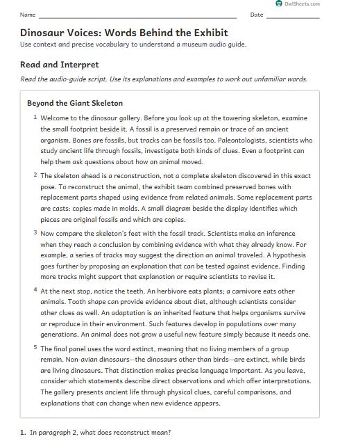 Dinosaur Voices: Words Behind the Exhibit worksheet preview