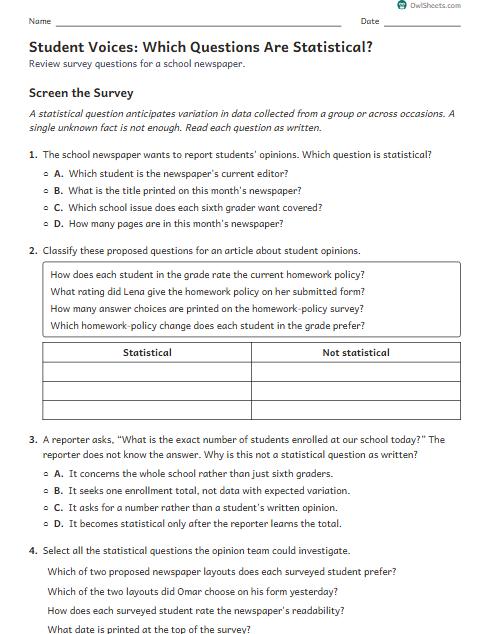 Student Voices: Which Questions Are Statistical? worksheet preview