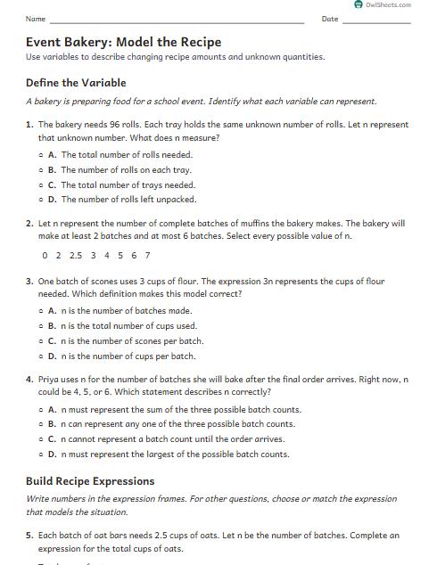 Event Bakery: Model the Recipe worksheet preview