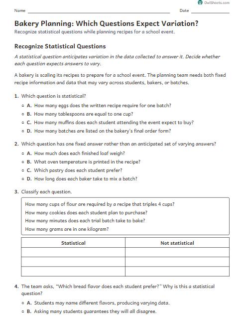 Bakery Planning: Which Questions Expect Variation? worksheet preview