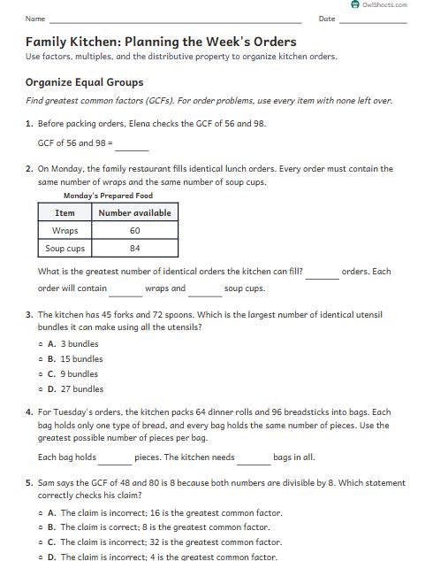 Family Kitchen: Planning the Week's Orders worksheet preview