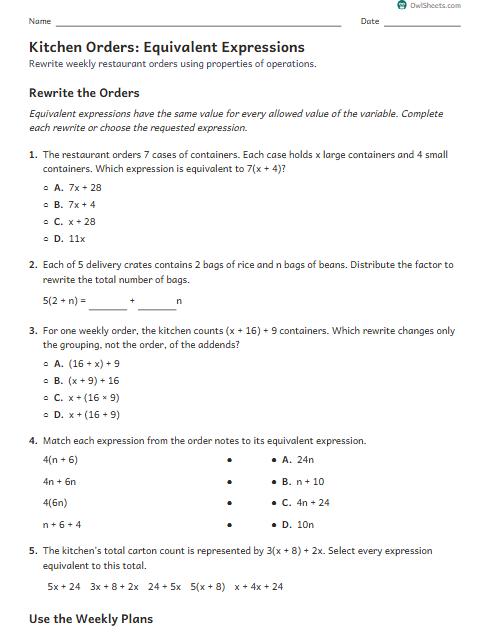 Kitchen Orders: Equivalent Expressions worksheet preview